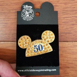 New Disney Disneyland 50th Anniversary Gold Jewel Rhinestone Mickey Ears Hat Pin